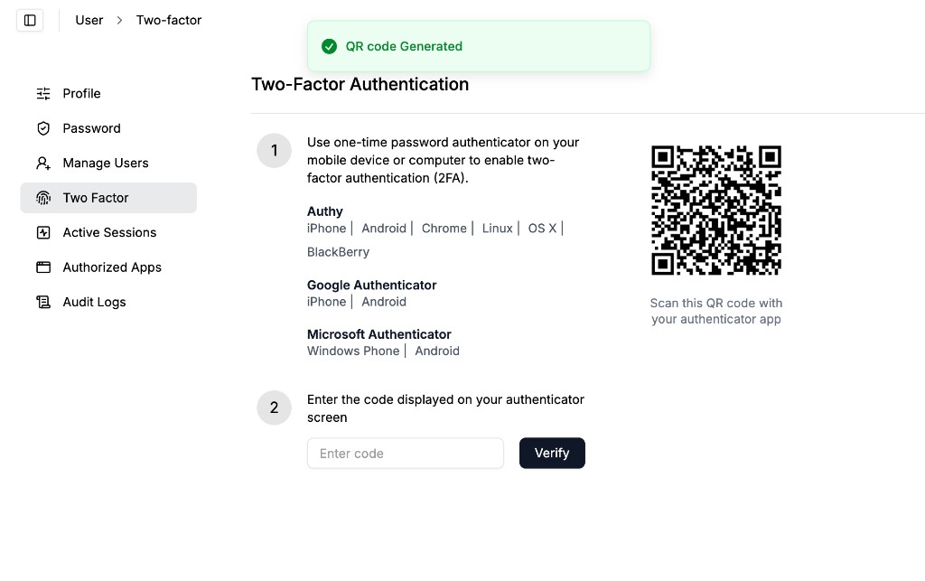 Two-Factor Authentication setup with QR code and verify step