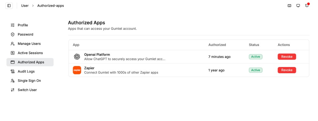 Authorized Apps page listing connected apps and a Revoke action for each one