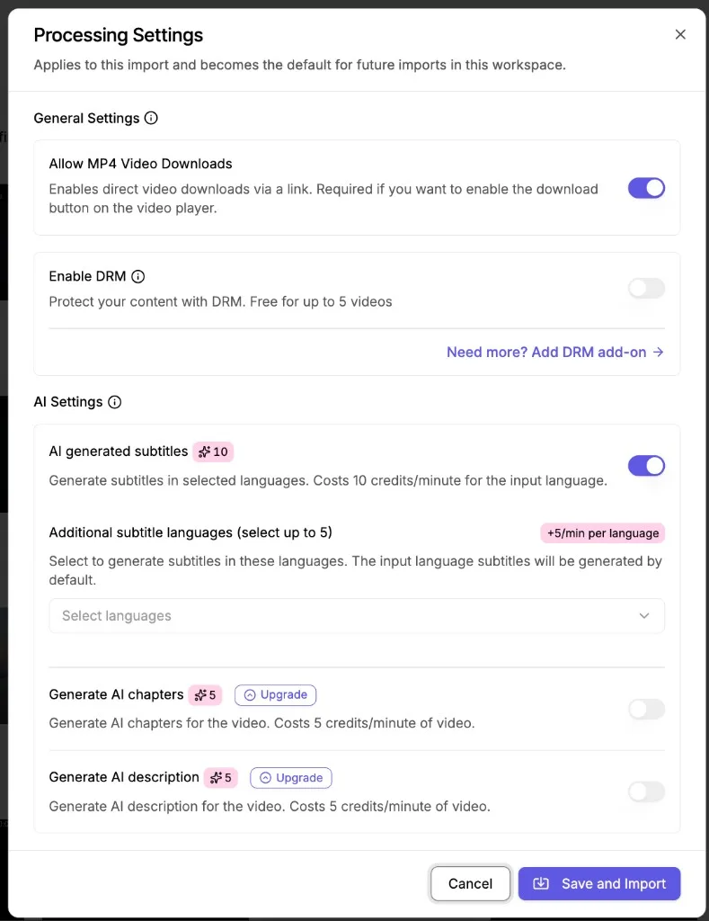 Processing Settings modal before Vimeo import, including AI subtitles, chapters, and description