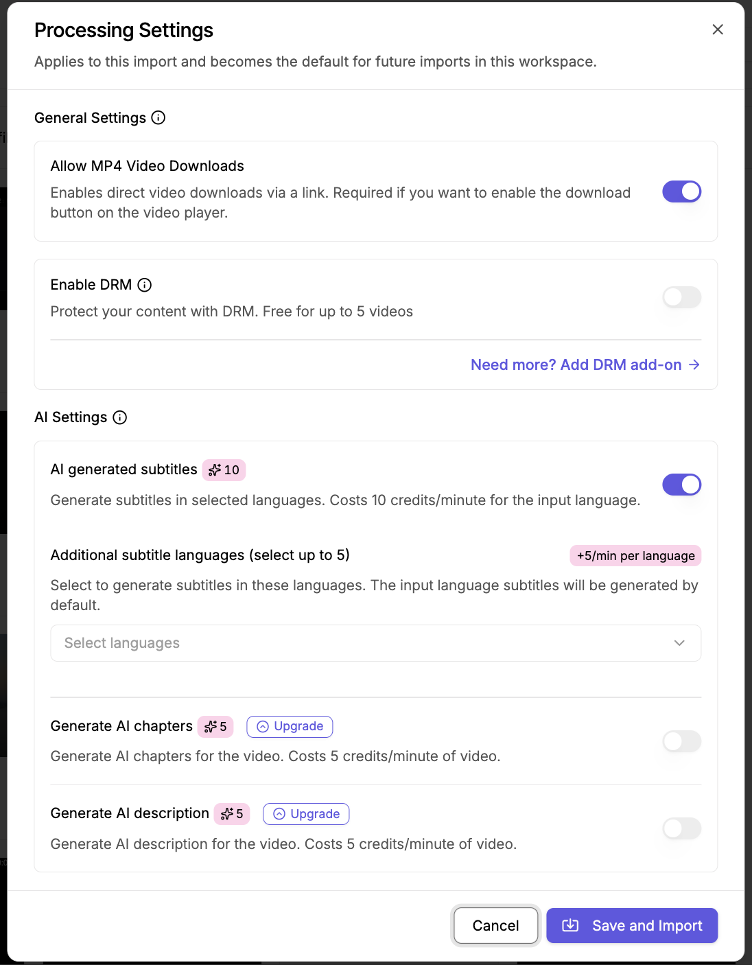 AI Settings with credit costs for subtitles, translations, chapters, and description