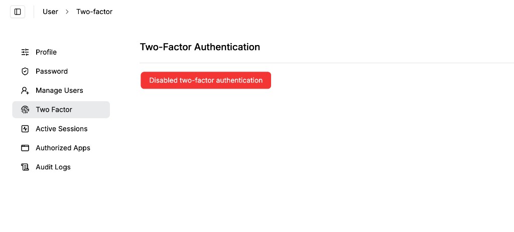 Two-Factor Authentication page with disable button