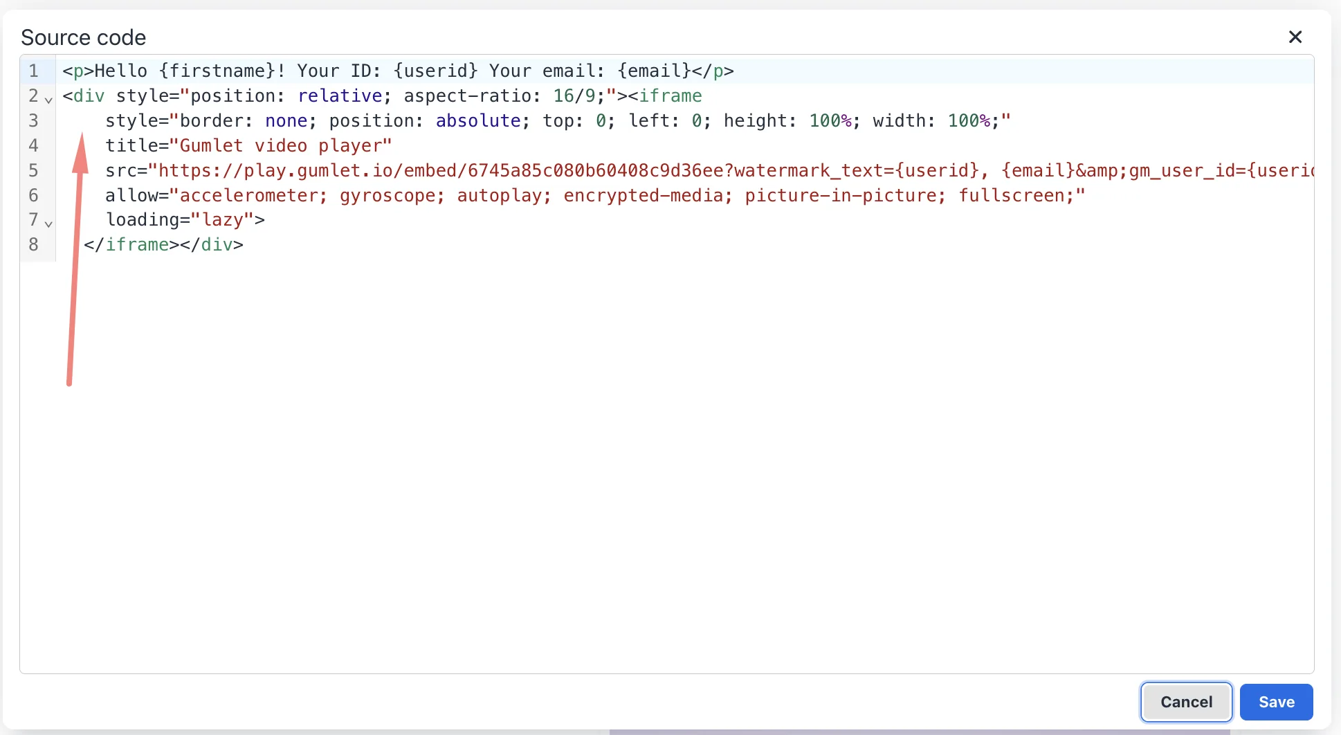 The arrow shows embed code from Gumlet. The next step will explain how to get the embed code.