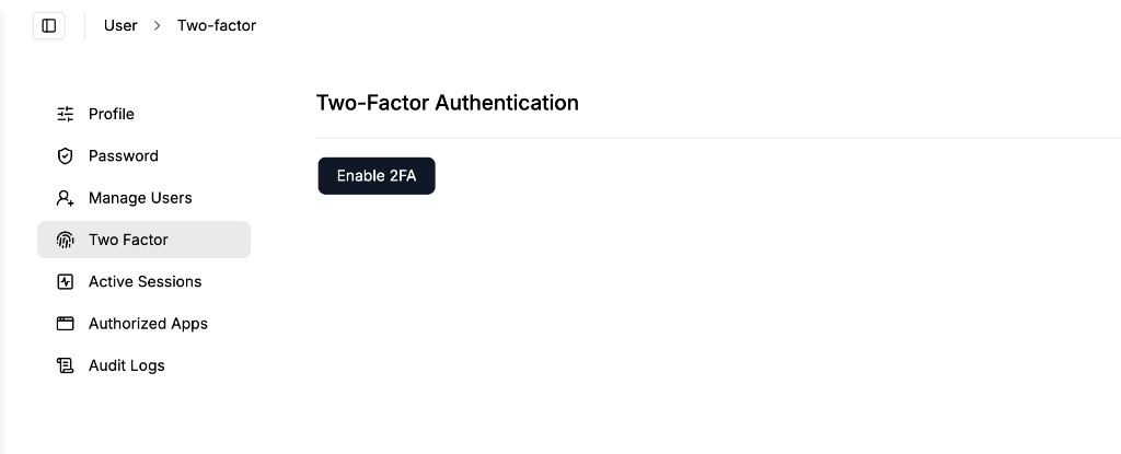 Two-Factor Authentication page with Enable 2FA